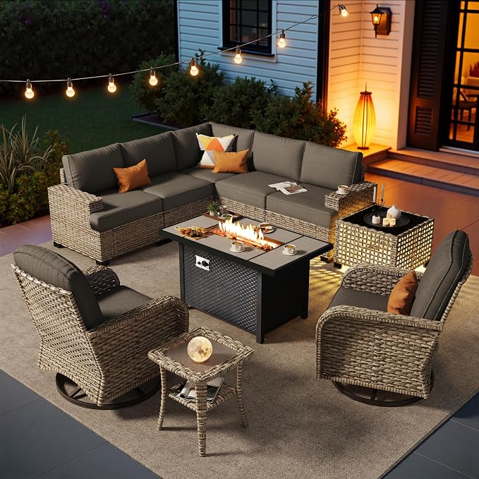 HOOOWOOO Sectional Patio Furniture Set with Fire Pit Table,10 Pieces Wicker Outdoor Furniture L Shaped Couch,Outside Conversation Set Extra Deep Seat Sofa Wide Arm Swivel Chairs Solar Table,Black