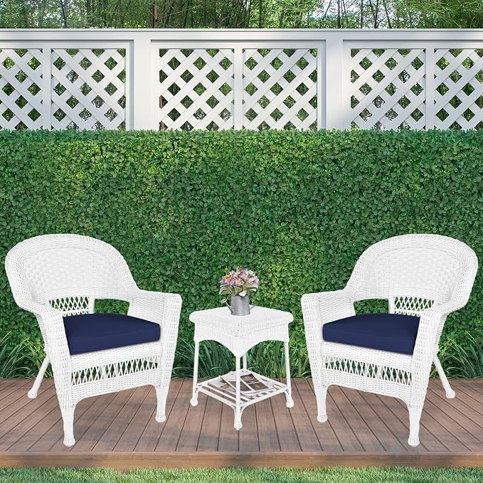 Jeco Carell Furniture 3 Piece Wicker Conversation Set in White with Blue Cushions