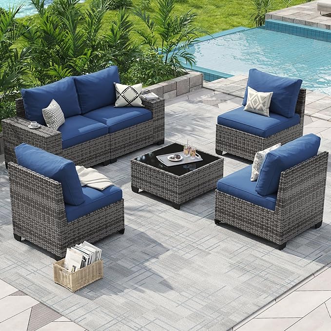 Aoxun 6-Piece Sectional Sofa with 4" Thicken Cushion, Widen Armrests Wicker for Backyard with Waterproof Cover