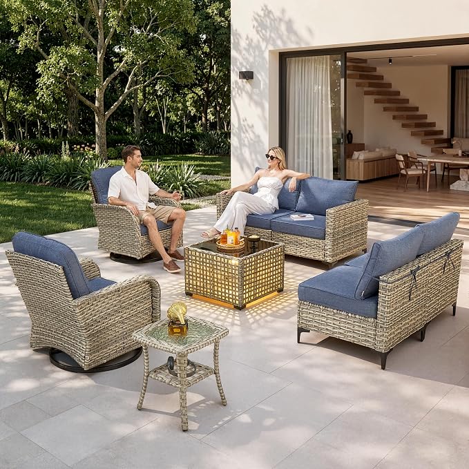 8 Pieces Patio Furniture Set, Outdoor Conversation Set with 360° Swivel Rocker Chairs, Wicker Sectional Sofa & Solar Powered Lighted Table, High Back Outdoor Furniture for Backyard Porch, Denim Blue
