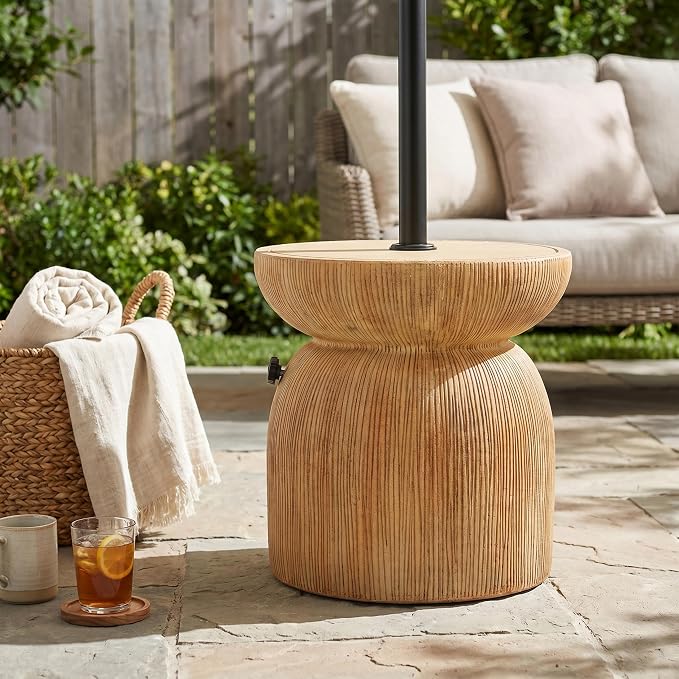 Merax MGO Outdoor Patio Side Table Umbrella Base, 16" Height Boho Outdoor End Table with Adjustable Umbrella Holder & Sand-Filling Design for Garden Poolside Deck, Sand Beige Finish