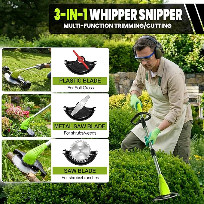Cordless Weed Wacker, Grass Trimmer with 3 Types Blades and 2.0Ah Li-Ion Battery Powered,12V Electric Weed Trimmer/Edger for Garden Yard Work and Lawn Care