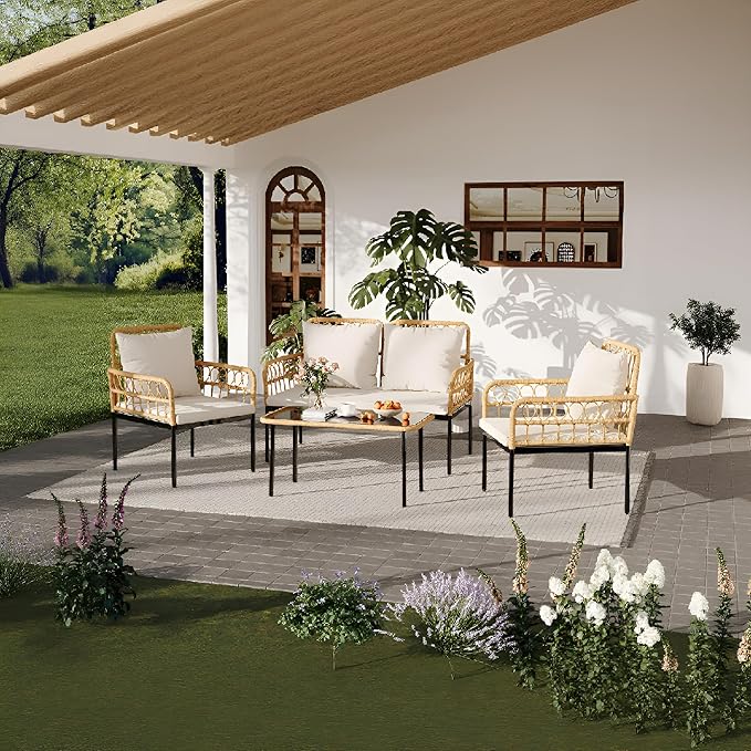 4 Pieces Patio Furniture Set Outdoor Wicker Rattan Bistro Set with Glass Table and Thick Cushions Boho Loveseat Chairs for Balcony Garden Backyard Poolside，Beige