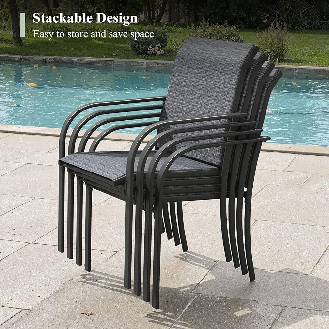 5 Pieces Outdoor Dining Set, Stackable Textilene Paito Chairs & 37.8" Square Dining Table with Umbrella Hole and Shelf, Patio Dining Set for Backyard, Deck, Garden, Grey