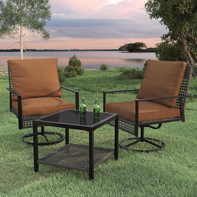 Ainfox 3 Pieces Patio Wicker Chairs Swivel Rocker, Outdoor Swivel Rocker Patio Chairs with Rattan Side Table, Patio Furniture Set for Patio Balcony Pool, Brown