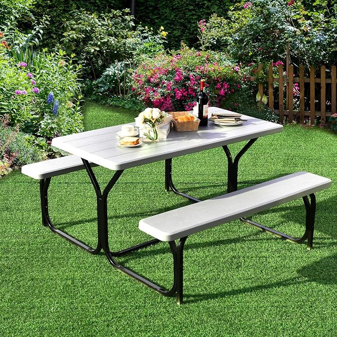Picnic Table, Outdoor Table Bench Set with Metal Frame & Wood-Like Texture, Large Picnic Table with All Weather-Resistant Tabletop, Camping Picnic Tables for Patio, Lawn, Dining Party, Grey