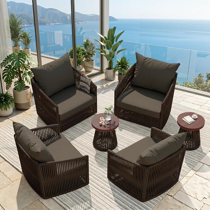 Outdoor Patio Furniture Set, 3 Pieces Outdoor Swivel Chairs with Coffee Table and Thick Cushion, Pe Wicker Rope Furniture Set for Entertaining, Balcony, Garden, Poolside, Coffee