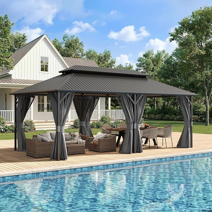 UDPATIO 12'x16' Permanent Hardtop Gazebo with Galvanized Steel Double Roof for Patio Backyard Garden, Curtains and Netting Included, Grey