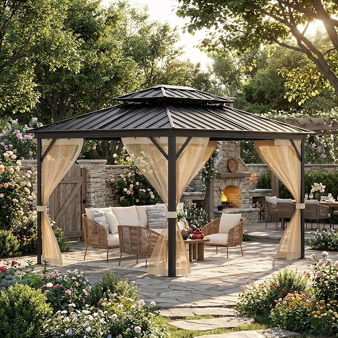 10' x 14' Hardtop Gazebo with Galvanized Steel Double Roof, Heavy Duty Outdoor Gazebo with Netting & Curtains for Patio, Backyard, Deck & Lawn