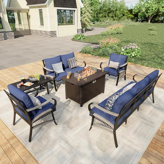6 Pieces Patio Furniture Set, Metal Outdoor Conversation Sets with Fire Pit Table for Backyard Garden Deck Porch Poolside (Thick Blue Cushions)