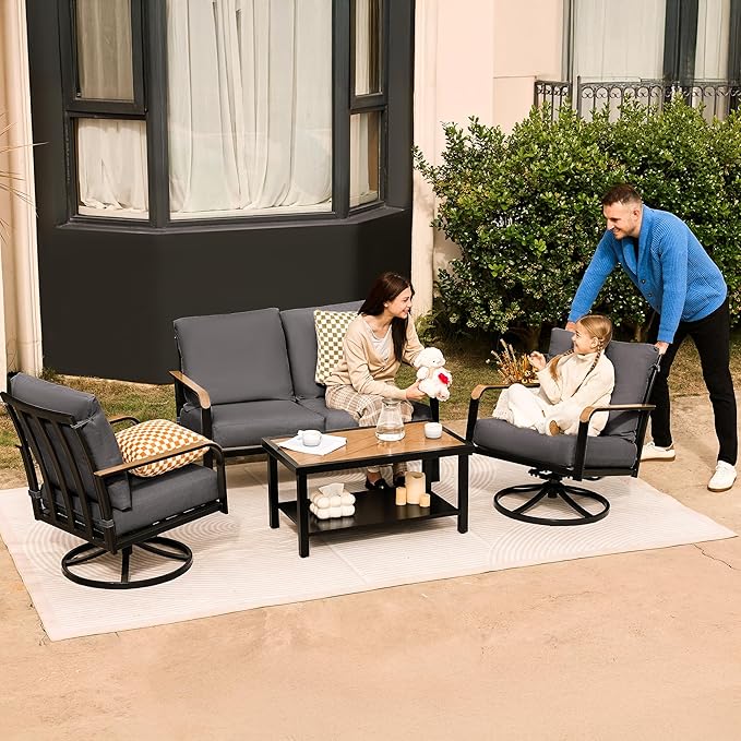 NATURAL EXPRESSIONS Patio Furniture Sets,4 Pieces Metal Outdoor Conversation Sofa Set with High Back Swivel Rocking Chairs with Anti-Scald Armrest,Double-Deck Wooden-Grain Table,6" Cushions for Yard