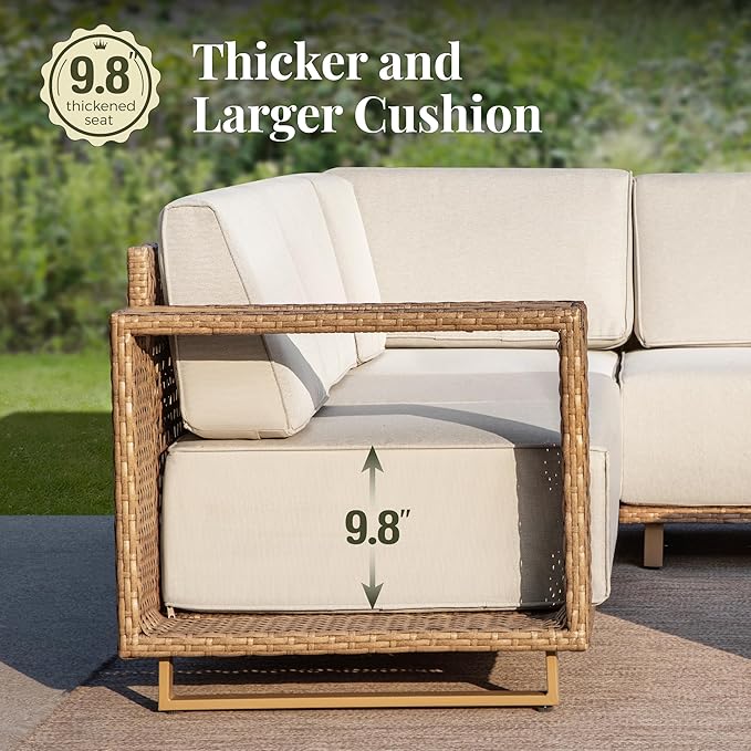 Outdoor Patio Furniture Set, 4 Piece Outdoor Rattan Wicker Modular Sofa Couch Set, Sectional Conversation Set with 10" Extra Thick Cushions for Deck Backyard Lawn