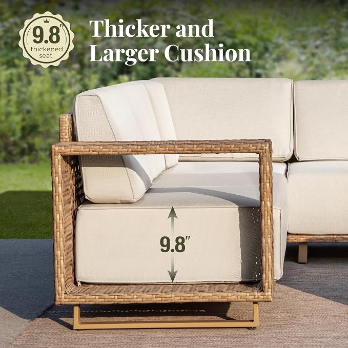 MIXPATIO 6 Pieces Patio Furniture Set, Outdoor Sectional Conversation Sets with 10" Thick Cushions, L Shaped Deep Seating Yellow Wicker Rattan Modular Sofa Couch, Low Profile Deck Lawn Furniture