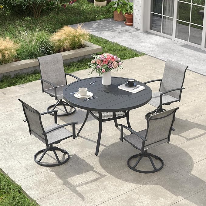 VICLLAX Outdoor Table and Chairs Set for 4, Patio Dining Set of 40.7" Metal Round Patio Table with Umbrella Hole & 4 Swivel Outdoor Dining Chairs for Backyard Lawn, Grey & Dark Grey