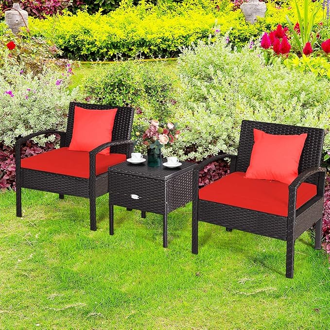 HAPPYGRILL 3 Piece Patio Conversation Set Rattan Wicker Sofa Set with Removable Cushions and Coffee Table, Outdoor Furniture Bistro Chairs Set with Storage Table for Garden Poolside Balcony