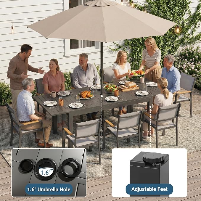RoyalCraft Aluminum Outdoor Patio Table and Chairs Set with 91.7" L-62 L Expandable Dining Table, 9-Pieces Patio Furniture Set for 8, Outdoor Dining Set with Stackable Quick Drying Chairs, Grey