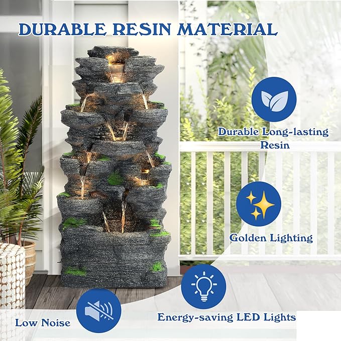 Garden Waterfall Fountain Outdoor - Water Fountains and Waterfalls, Outdoor/Indoor Floor Standing Resin Water Fountain with LED Light for Patio, Garden and Backyard, Deck, Porch, Home (40" H)