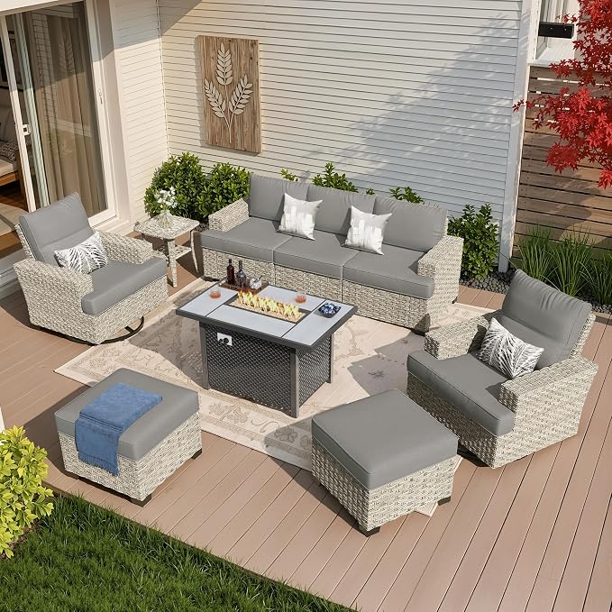 Weaxty 9 Pieces Wide Seats Outdoor Furniture Set, Sectional Couch Swivel Rocking Chair Ottoman Fire Pit Table, Thick Cushion All-Weather Rattan Patio Conversation Sets for Backyard Deck, Dark Gray