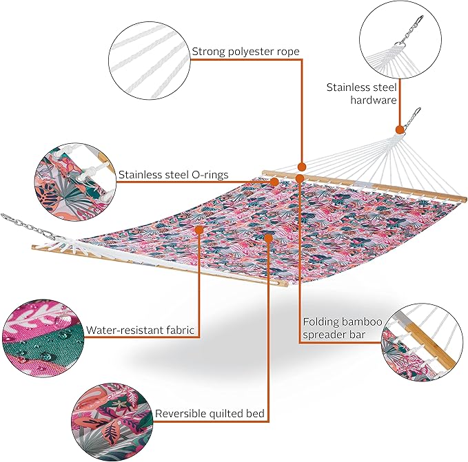 Classic Accessories for Vera Bradley Water-Resistant Quilted Hammock, 78 x 51 Inch, Rain Forest Canopy Coral
