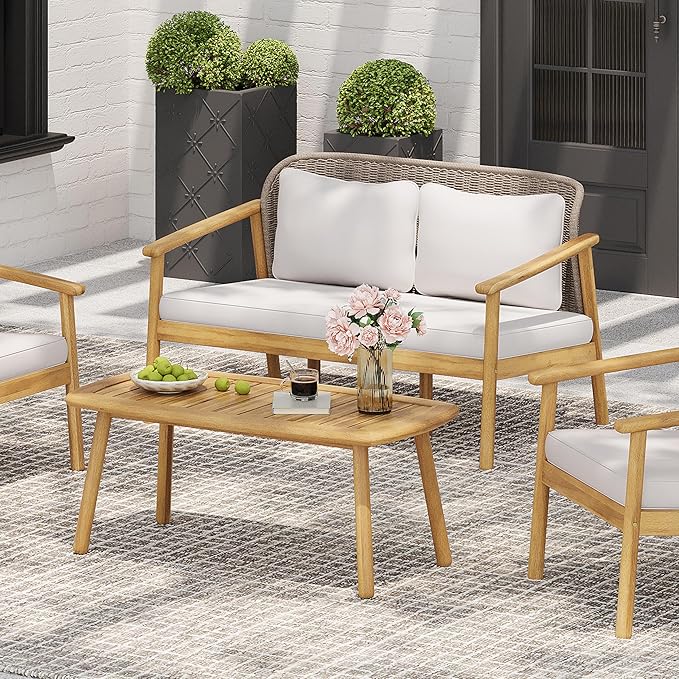 Christopher Knight Home Landon 2 Pieces Patio Conversation Set, Acacia Wood Loveseat and Coffee Table, Woven Rope Couch, Slat Wood Accent Table, Sofa and Table Set for Garden Balcony Yard, Teak+Beige