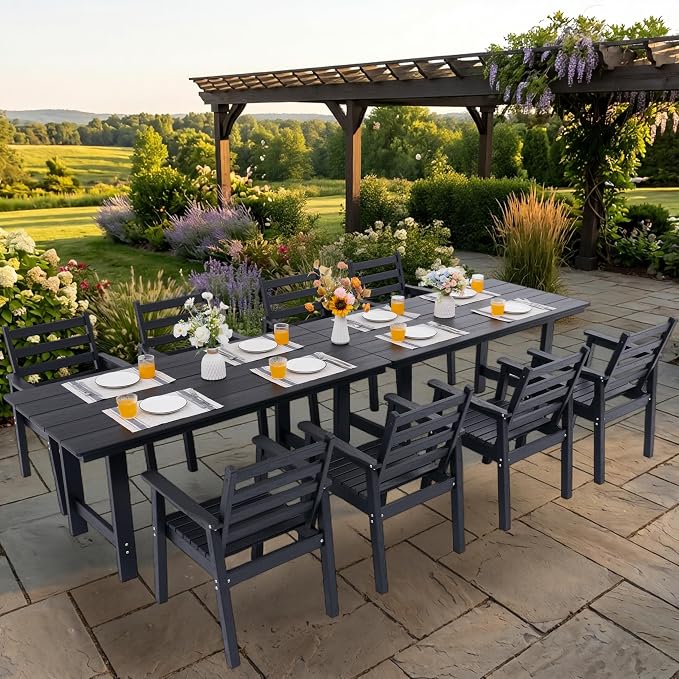 10-Piece Outdoor Dining Set, All-Weather HDPE Patio Furniture, Two 66.5" Slatted Table with 1.6" Umbrella Hole & 8 Ergonomic Armchairs, Heavy Duty 350lbs Capacity, UV Resistant, Black