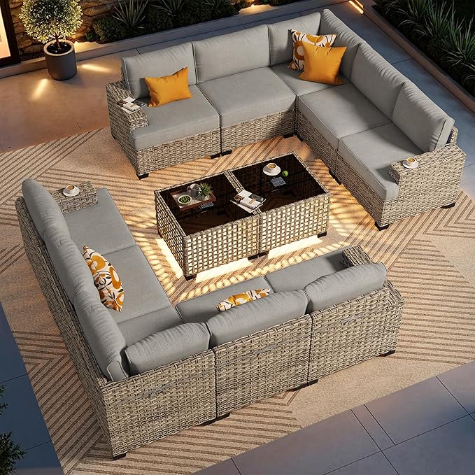 Patio Furniture Sets 12 Pieces Outdoor Sectional Rattan Sofa Manual Weaving Wicker Patio Conversation Set with Ottomans and T Cushion(Dark Gray)