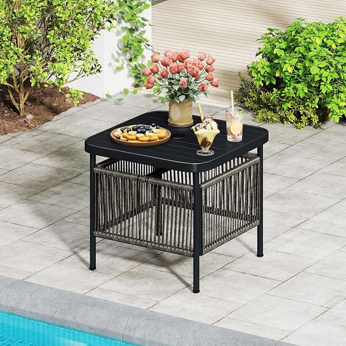HAPPYGRILL Outdoor Side Table with Umbrella Hole 1.57”, Square Rattan Wicker Coffee Bistro End Table Umbrella Stand, for Backyard Poolside Garden (1)