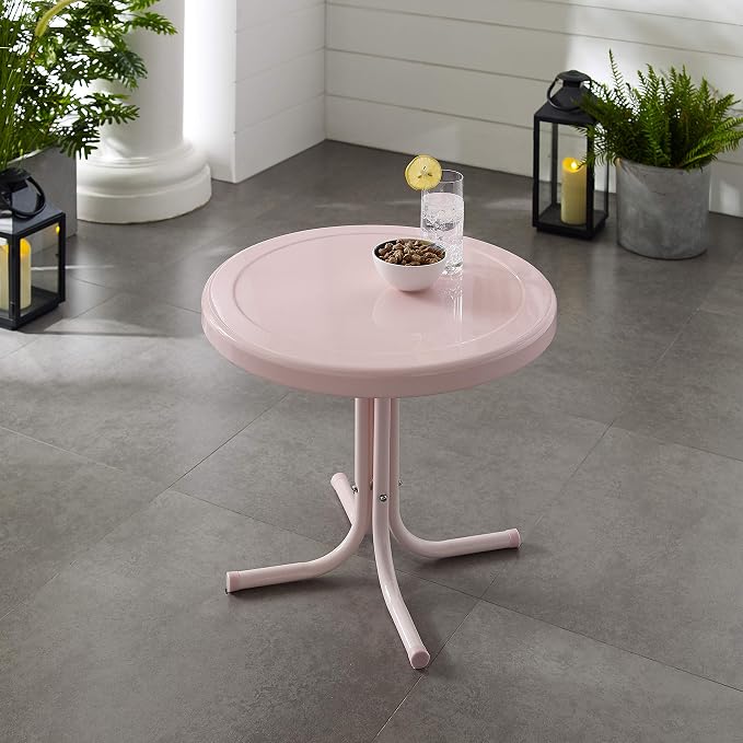 Crosley Furniture Griffith Weather Resistant Retro Metal Outdoor Side Table for Patio, Deck, Porch, Pink