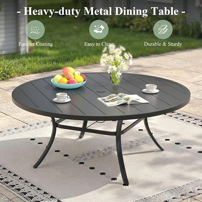 9 Pieces Patio Dining Set, 8 Outdoor Swivel Dining Chairs with 60" Round Metal Outdoor Dining Table with Umbrella Hole for Garden Backyard Deck, Dark Blue & Black
