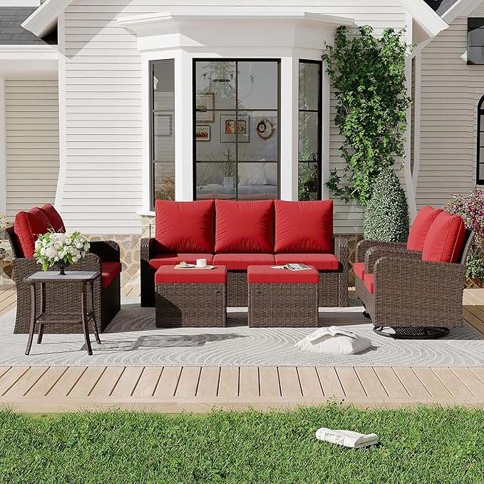 HOMREST 7 Piece Patio Conversation Sets,Outdoor Furniture Sets w/ 3-Seat Sofa & Loveseat Couch, Rattan Wicker Swivel Chairs w/ 2 Ottoman, Coffee Table & Cushions for Garden, Poolside, Backyard (WR)