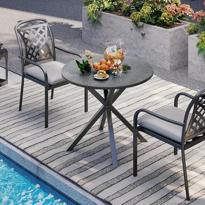 Tangkula 34-Inch Metal Round Patio Dining Table for 4, Heavy Duty Outdoor Metal Frame Dinner Table with Wood-Like Top & X-Shaped Legs, Outside Bistro Table for Deck, Balcony, Backyard, Lawn & Garden