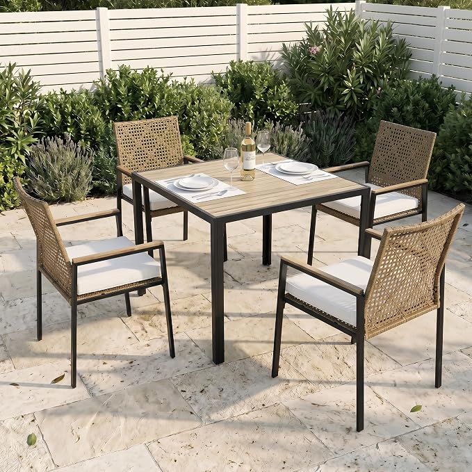 BEEFURNI Wicker Patio Furniture Dining Set, Outdoor Patio Table and Chairs Set, Rattan Outdoor Furniture Set, Acacia Wood Table, Chairs, Weather Proof Set for Porch, Backyard (Brown) (Brown, 5 PCS)