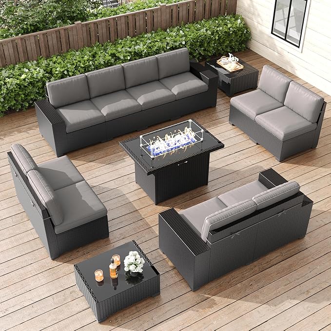 LayinSun 13 Pieces Patio Furniture Set with Fire Pit Table, Black Rattan Modular Sectional Patio Conversation Sofa Set