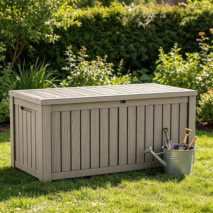 LAUSAINT HOME 150 Gallon Resin Deck Box with Hydraulic Pistons, Extra Large Waterproof Outdoor Storage Bench for Large Cushions, Lockable Patio Bin for Pool and Garden (Light Brown)