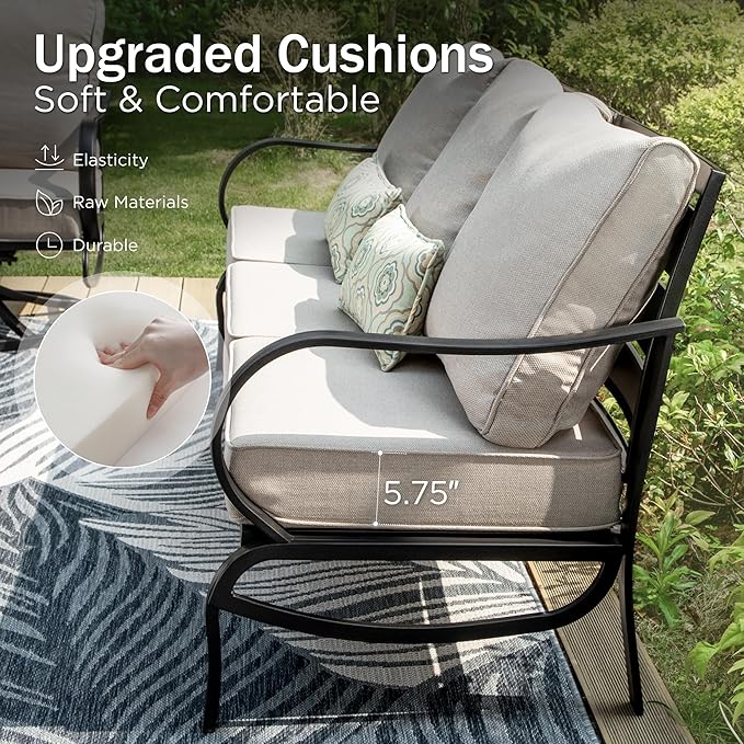 PHI VILLA 6 Piece Patio Furniture Sets with 1 x 3 Seater Padded Deep Seating Bench, 2 x C-Base Cushioned Sofa Chairs, 2 x Leg Sofa Chairs and 1 x Coffee Table, Outdoor Metal Furniture Set for 7
