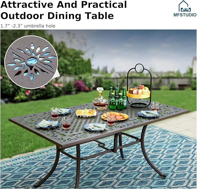 MFSTUDIO Cast Aluminum Outdoor Patio Dining Sets for 6, Patio Rectangular Table and Chairs Set, 7 Pieces Cast Aluminum Outdoor Furniture with Thicker Cushions and Umbrella Hole, Deck, Porch