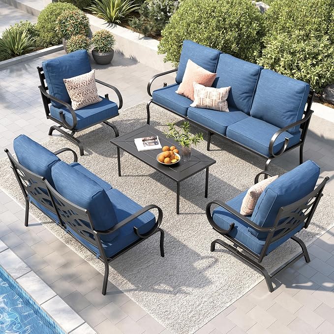 PHI VILLA Patio Furniture Set, 1 Loveseat, 3-Seater Sofa, 2 Rocking Chairs and a Coffee Table, Outdoor Metal Conversation Set with 5.75" Extra Thick Cushion for Garden Backyard Deck, Navy