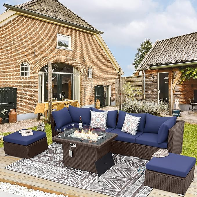 BULEXYARD 7 Pcs High Back Patio Furniture Set with Fire Pit Table Propane/Natural Gas Dual Fuel, Durable Outdoor Sectional Couch, Cozy Backyard Seating for Exterior, Brown Wicker & Navy Blue Cushion