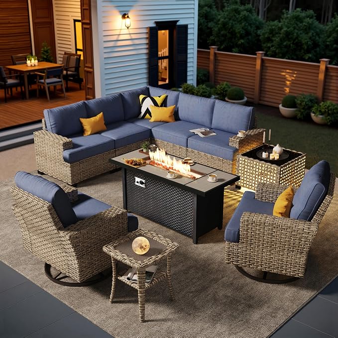 HOOOWOOO Sectional Patio Furniture Set With Fire Pit Table,10 Pieces Wicker Outdoor Furniture L Shaped Couch,Outside Conversation Set Extra Deep Seat Sofa Wide Arm Swivel Chairs Solar Table,Denim Blue