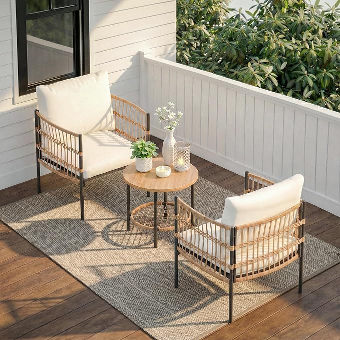 LAUSAINT HOME 3-Piece Outdoor Patio Furniture, All-Weather Wicker Patio Conversation Set with Thick Cushions and 2-Tier Coffee Table for Patio, Balcony, Backyard, Beige