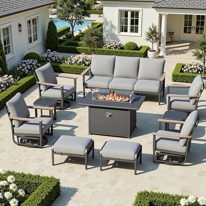 9-Seat Outdoor Patio Furniture Set with Rocking Swivel Chairs, Aluminum Sectional Sofa with Ottomans Patio Conversation Set with 55,000 BTU Fire Pit Table & High Backrest, Grey