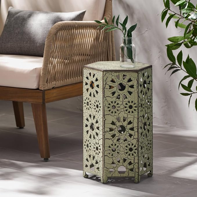 12" Outdoor Side Table, Metal Side Table, Multi Functional Decorative Cutout, Coffee Table, Night Stand, Plant Stand for Patio, Garden, Backyard, Gazebo Indoor (Green)