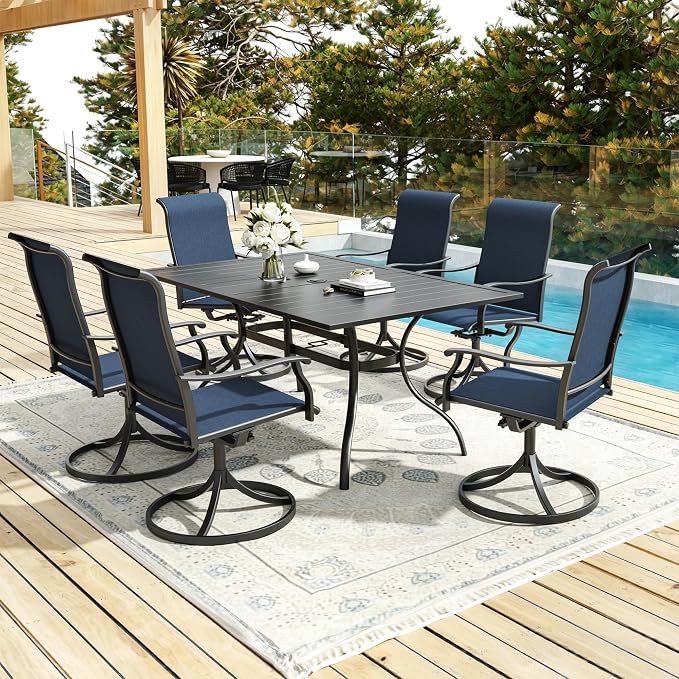 Anmutig 7 PCS Patio Dining Set, Rectangle Metal Table with 1.57" Umbrella Hole and 6 High Back Textilene Swivel Chairs, Suitable for All Weather Blue