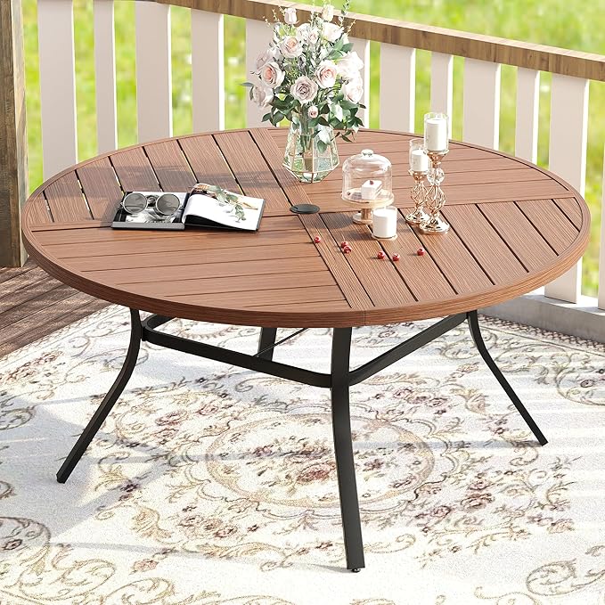 VICLLAX Patio Dining Set for 6, 6 Seats Outdoor Furniture Includes 53.1" Round Patio Table and Swivel Padded Chairs, Walnut Tabletop and Mixed Brown Fabric