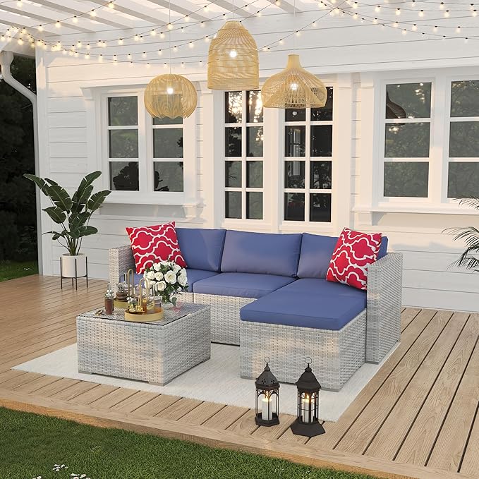 GAOMON 5-Piece Patio Furniture Set, All-Weather PE Rattan Sectional Sofa, Modular Outdoor Conversation Set with Metal Frame, Gray & Blue