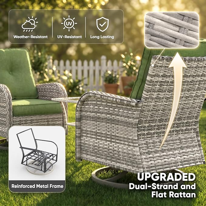 8-Piece Small Patio Furniture Set, Outdoor Swivel Rocking Chairs Set with Ottomans, Patio Bistro Set for Balcony, Deck, Porch, Grass Green