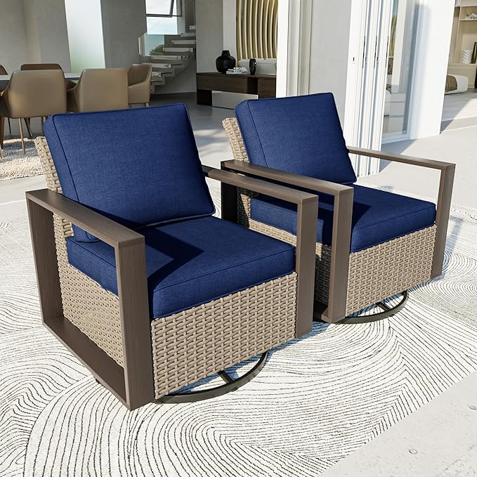 Patio Chairs Set of 2, Outdoor Swivel Rocker Patio Chairs, Metal Patio Furniture with Deep Seating, Thicken Cushions for Deck, Porch, Yard Use (Blue, 2 PCS/Swivel)
