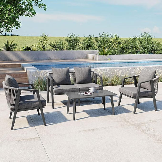 GDFStudio Aoxwe 4 Piece Outdoor Conversation Set, Rope Woven Club Chairs, Woven Open Back Loveseat, Slats Panel Design Coffee Table, Iron Frame Sectional Conversation Set for Poolside, Gray