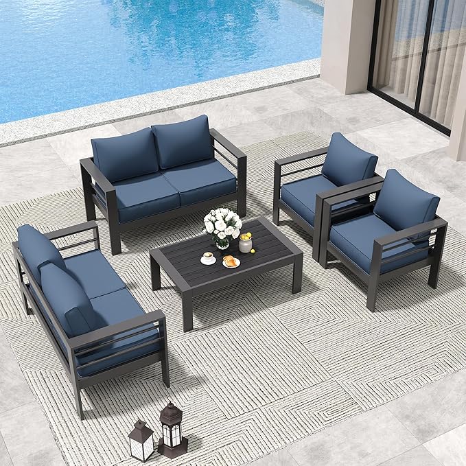 Amopatio Aluminum Patio Furniture Set, 7 Pieces Modern Patio Conversation Sets, Outdoor Sectional Metal Sofa with Coffee Table for Balcony, Garden, Dark Grey&Blue (Included Waterproof Covers)