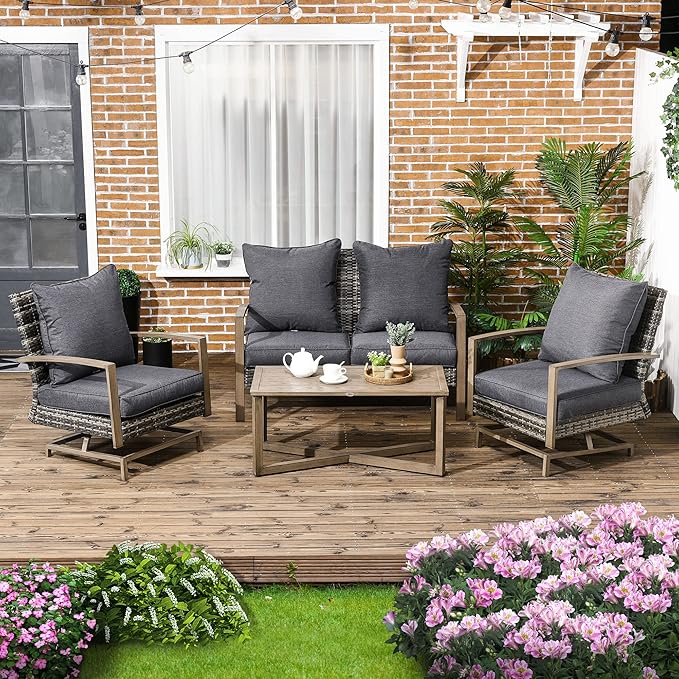 Outsunny 4 Piece Wicker Patio Furniture Set with 2 Rocking Chairs, Loveseat Sofa, Outdoor PE Rattan Conversation Set with Cushions, Aluminum Table for Porch, Poolside, Dark Gray